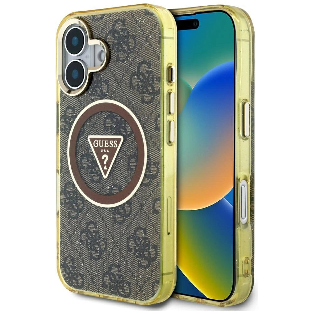 Guess IML Metal Glitter 4G Circle Triangle MagSafe Case for iPhone 16 - Brown_0