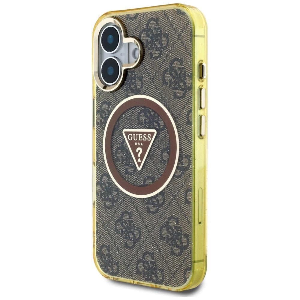Guess IML Metal Glitter 4G Circle Triangle MagSafe Case for iPhone 16 - Brown_1
