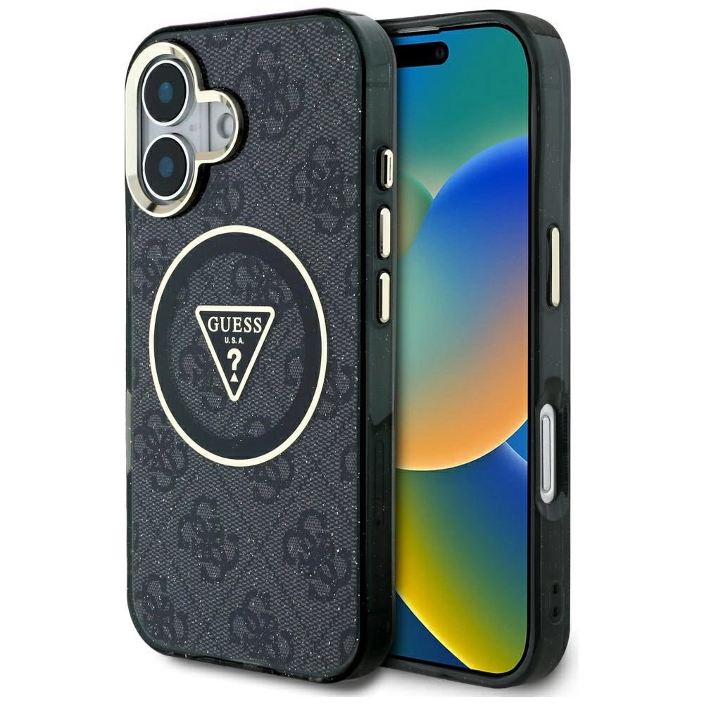 Guess IML Metal Glitter 4G Circle Triangle MagSafe Case for iPhone 16 - Black_0