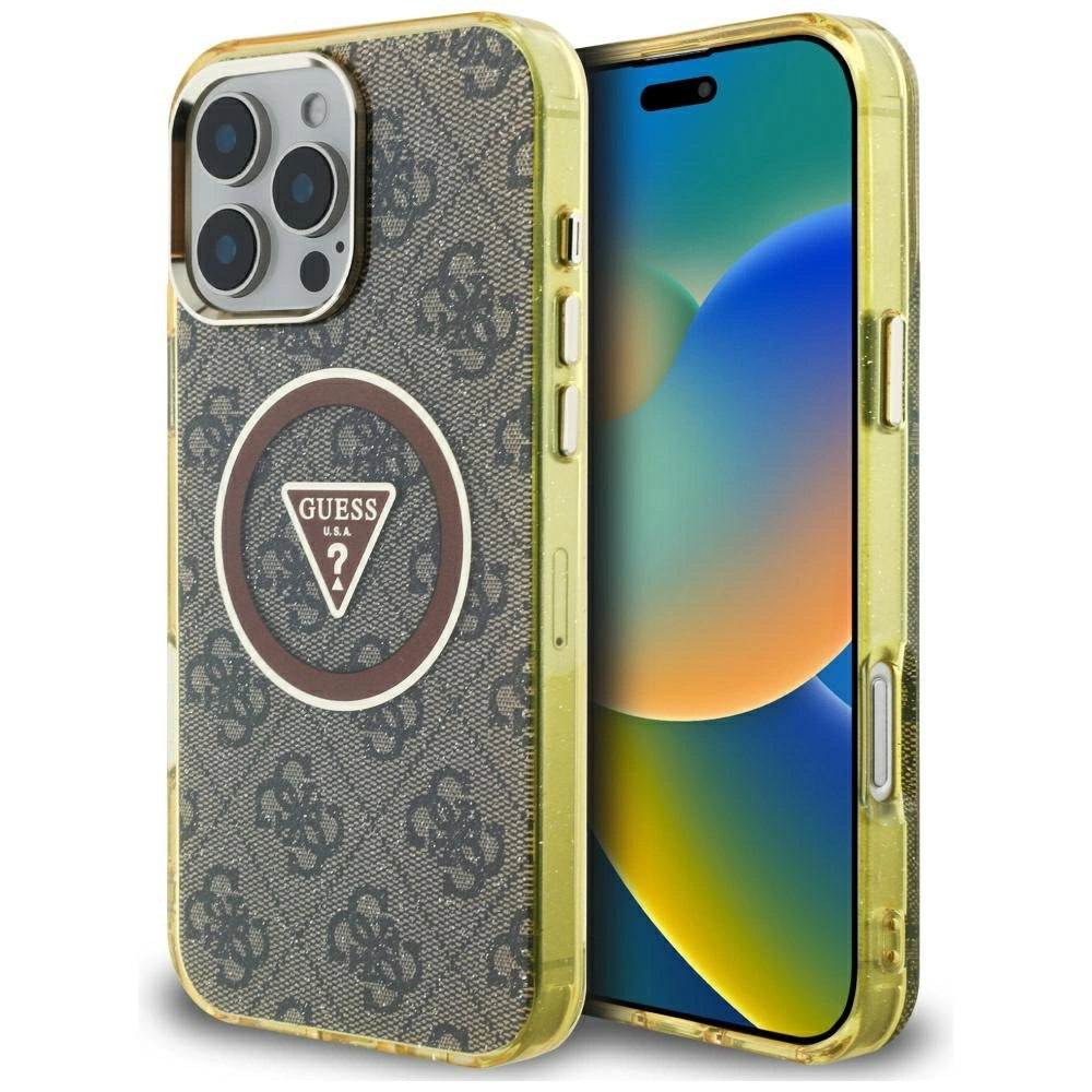 Guess IML Metal Glitter 4G Circle Triangle MagSafe Case for iPhone 16 Pro - Brown_0