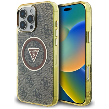 Guess IML Metal Glitter 4G Circle Triangle MagSafe Case for iPhone 16 Pro - Brown_0