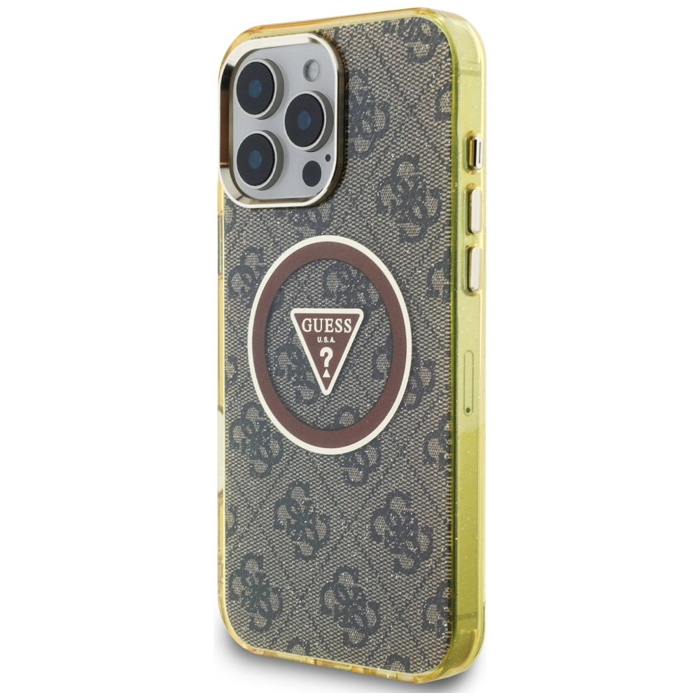 Guess IML Metal Glitter 4G Circle Triangle MagSafe Case for iPhone 16 Pro - Brown_1