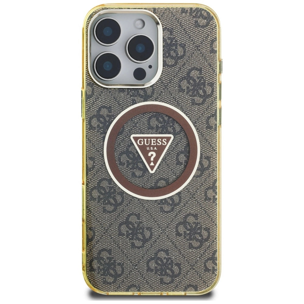 Guess IML Metal Glitter 4G Circle Triangle MagSafe Case for iPhone 16 Pro - Brown_2