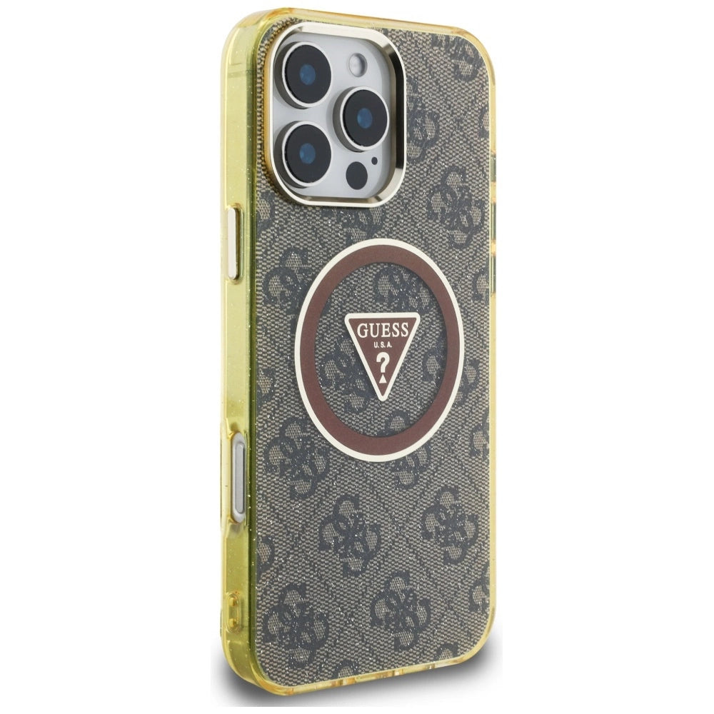 Guess IML Metal Glitter 4G Circle Triangle MagSafe Case for iPhone 16 Pro - Brown_3