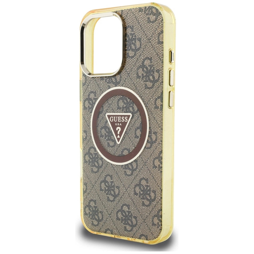 Guess IML Metal Glitter 4G Circle Triangle MagSafe Case for iPhone 16 Pro - Brown_5