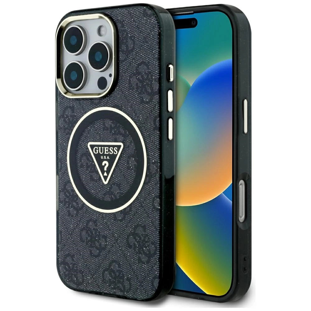 Guess IML Metal Glitter 4G Circle Triangle MagSafe Case for iPhone 16 Pro - Black_0