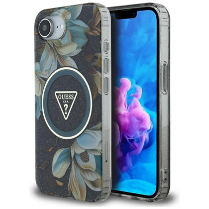 Guess IML Metal Glitter Flowers Triangle MagSafe case for iPhone 16e - black_0