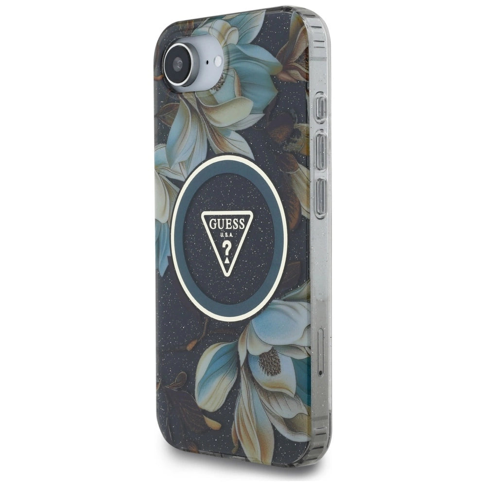 Guess IML Metal Glitter Flowers Triangle MagSafe case for iPhone 16e - black_1