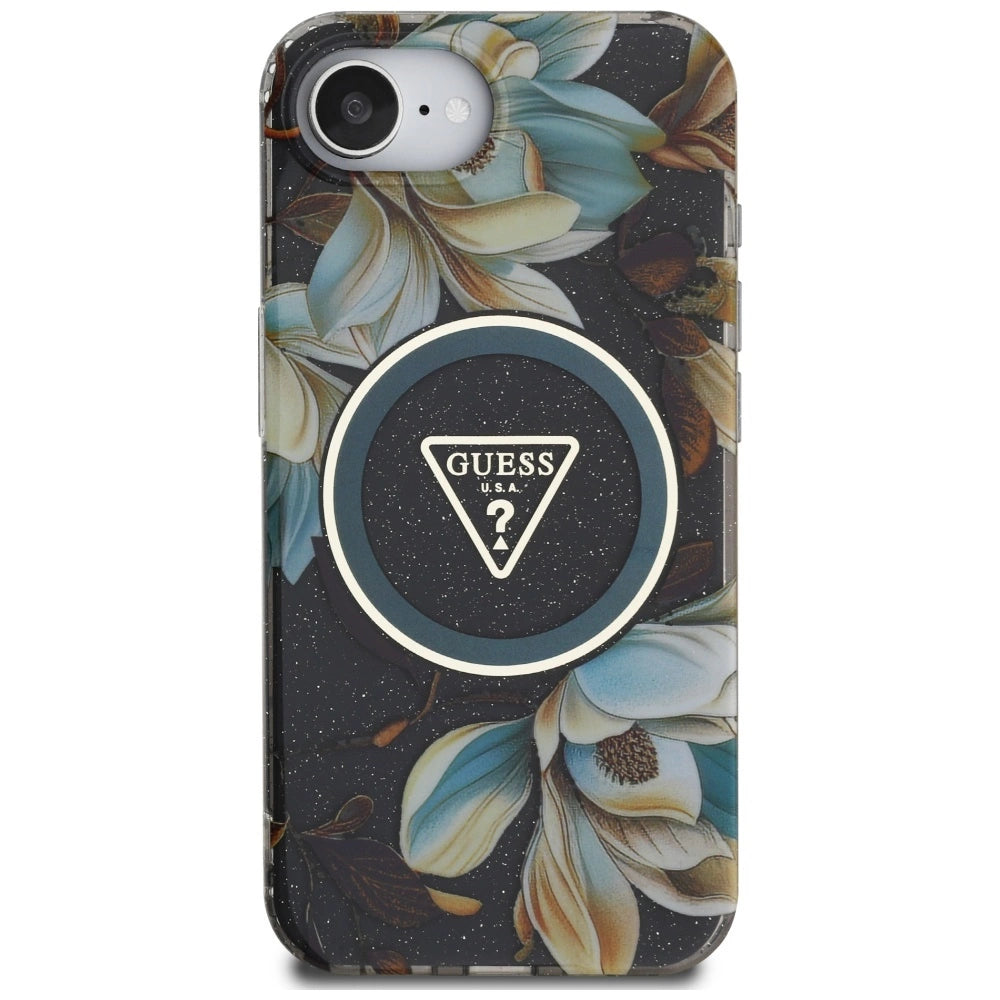 Guess IML Metal Glitter Flowers Triangle MagSafe case for iPhone 16e - black_2