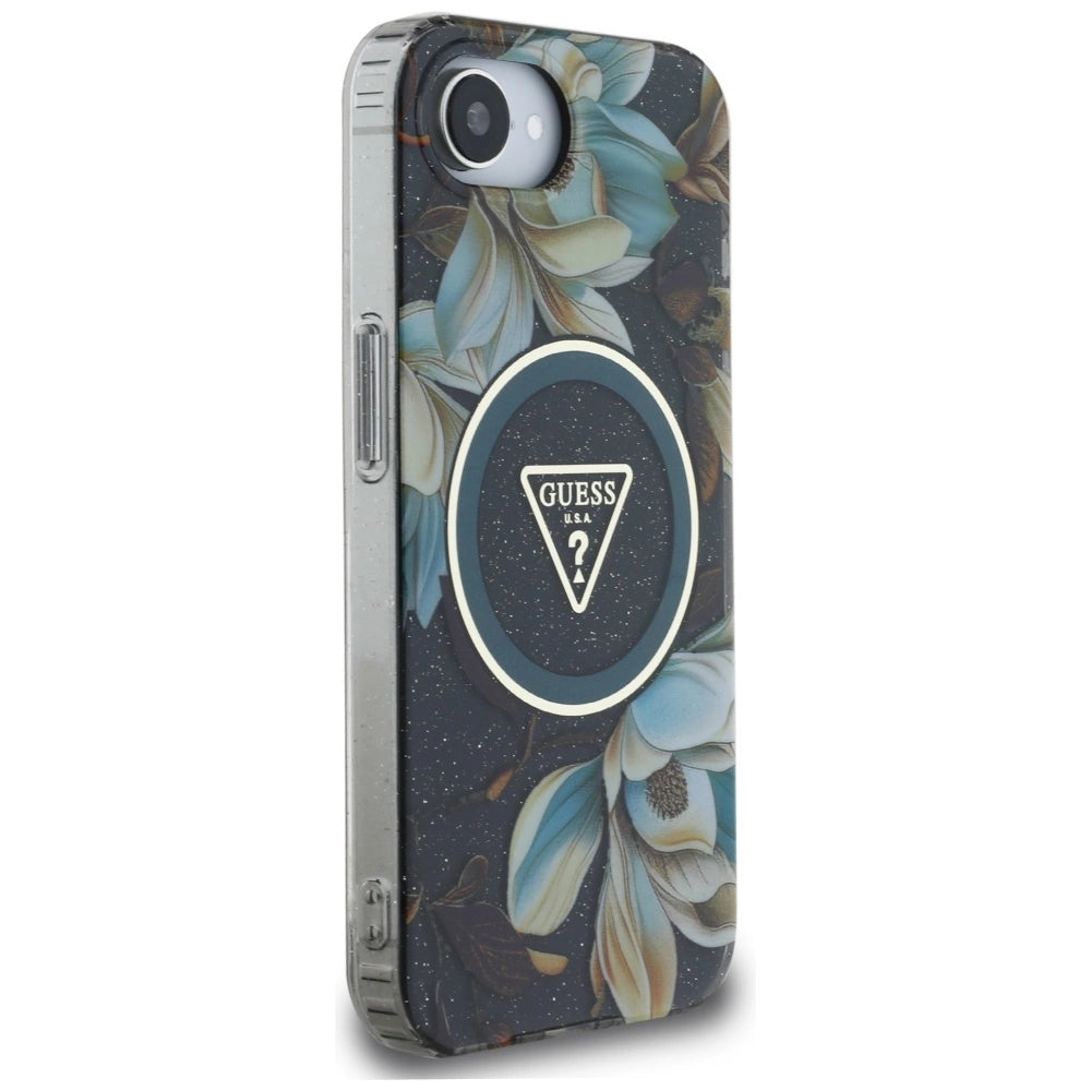 Guess IML Metal Glitter Flowers Triangle MagSafe case for iPhone 16e - black_3