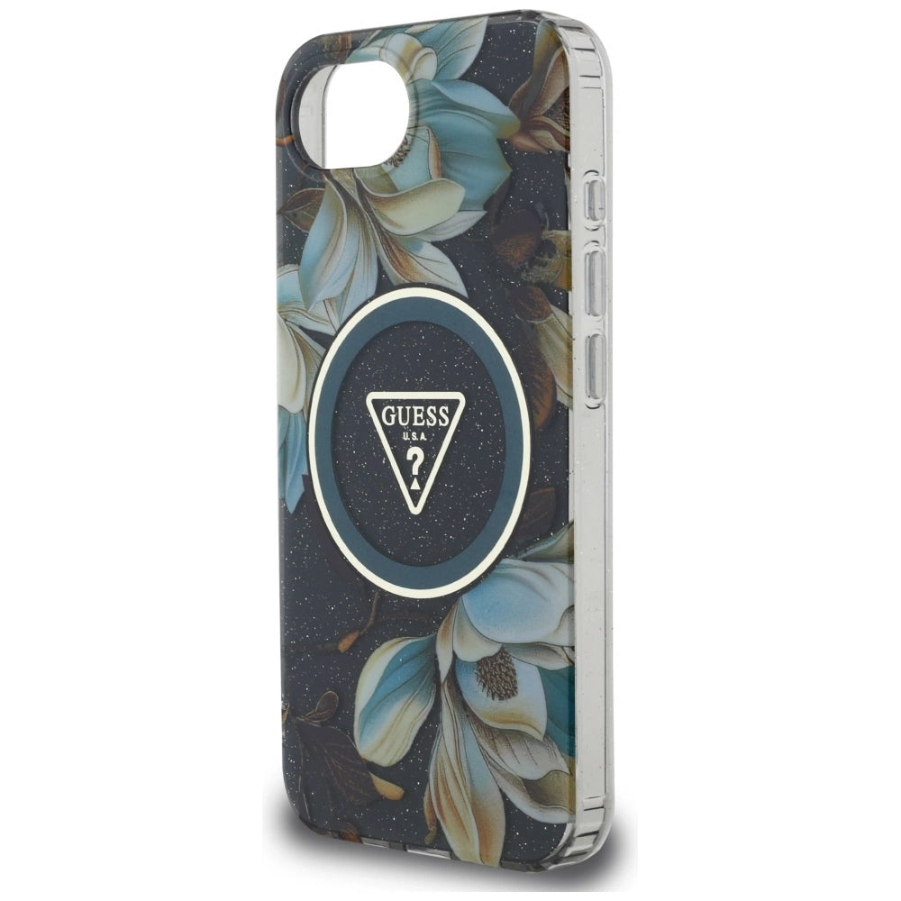 Guess IML Metal Glitter Flowers Triangle MagSafe case for iPhone 16e - black_5
