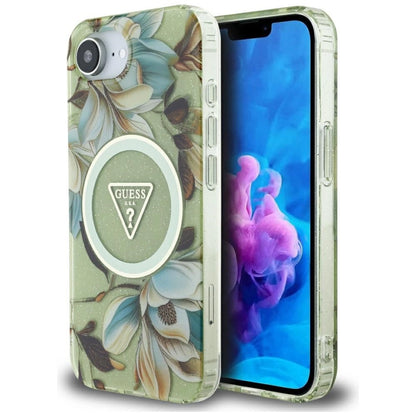 Guess IML Metal Glitter Flowers Triangle MagSafe iPhone 16e Case - Green_0
