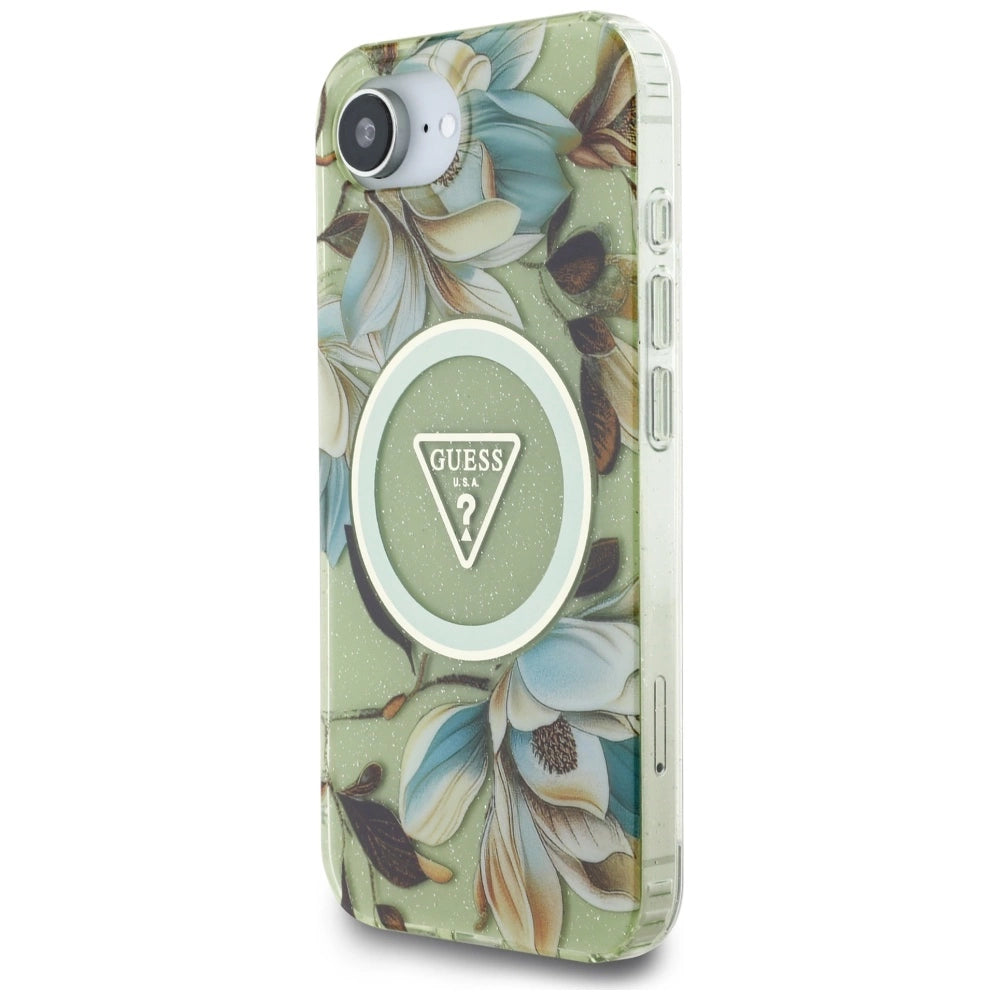 Guess IML Metal Glitter Flowers Triangle MagSafe iPhone 16e Case - Green_1