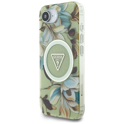 Guess IML Metal Glitter Flowers Triangle MagSafe iPhone 16e Case - Green_1