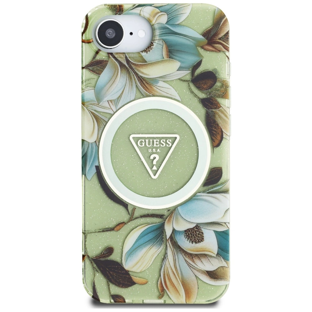 Guess IML Metal Glitter Flowers Triangle MagSafe iPhone 16e Case - Green_2