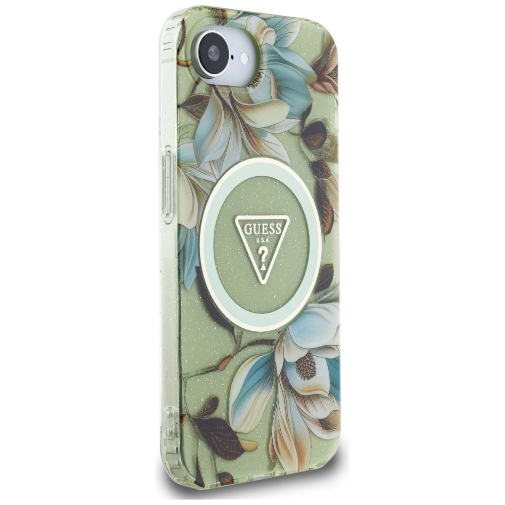 Guess IML Metal Glitter Flowers Triangle MagSafe iPhone 16e Case - Green_3