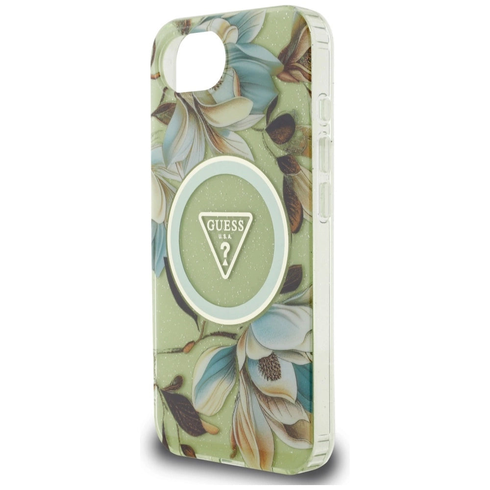 Guess IML Metal Glitter Flowers Triangle MagSafe iPhone 16e Case - Green_5