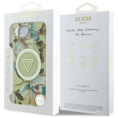 Guess IML Metal Glitter Flowers Triangle MagSafe iPhone 16e Case - Green_7