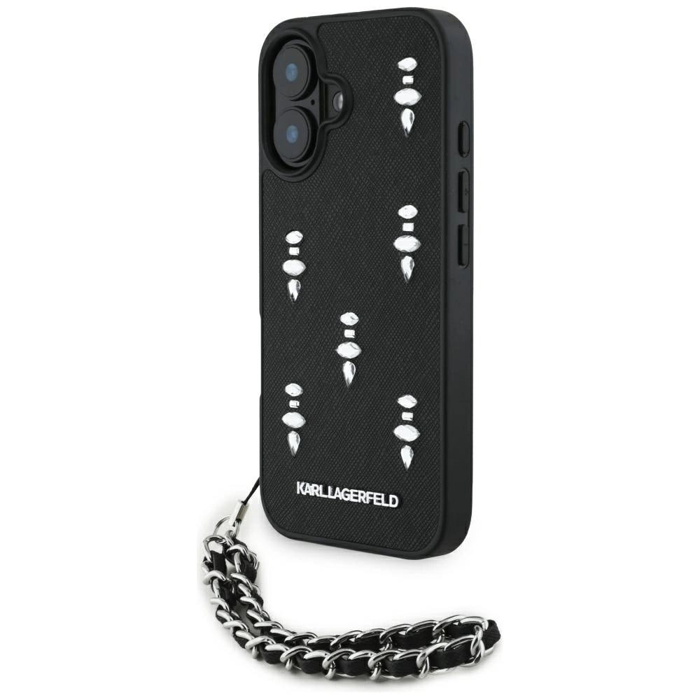 Karl Lagerfeld Saffiano Crystals w/Chain iPhone 16 Case - Black_0