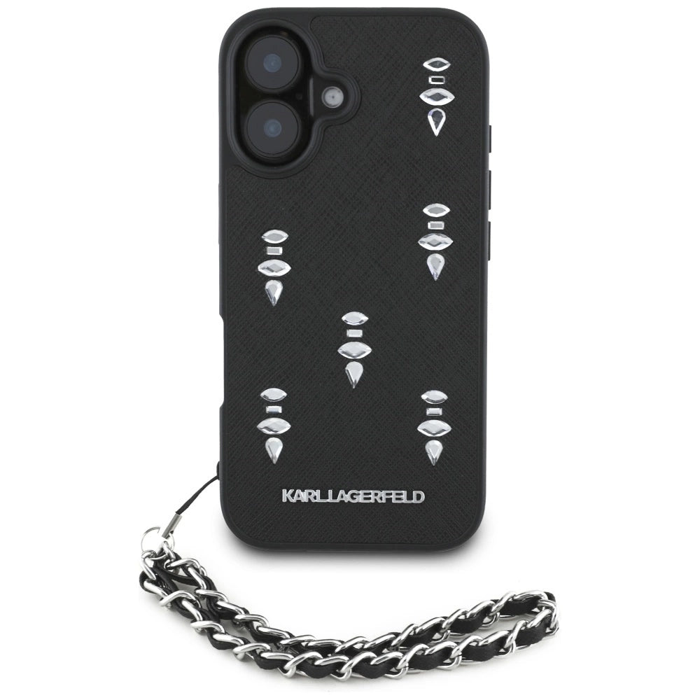 Karl Lagerfeld Saffiano Crystals w/Chain iPhone 16 Case - Black_1