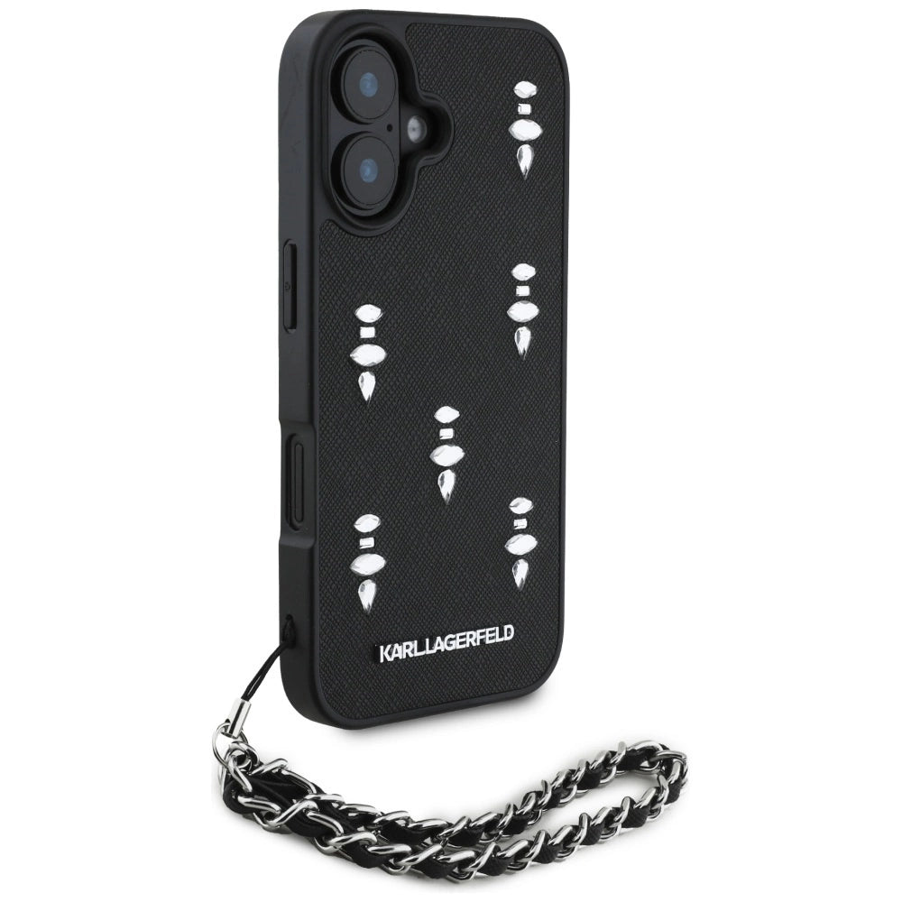 Karl Lagerfeld Saffiano Crystals w/Chain iPhone 16 Case - Black_2