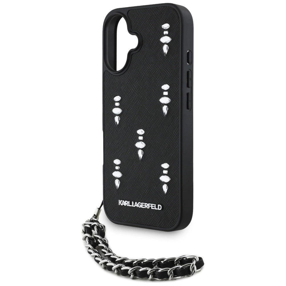 Karl Lagerfeld Saffiano Crystals w/Chain iPhone 16 Case - Black_4