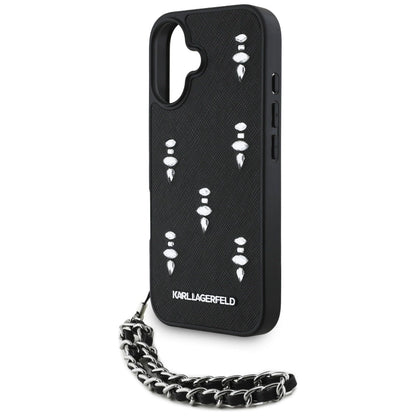 Karl Lagerfeld Saffiano Crystals w/Chain iPhone 16 Case - Black_4