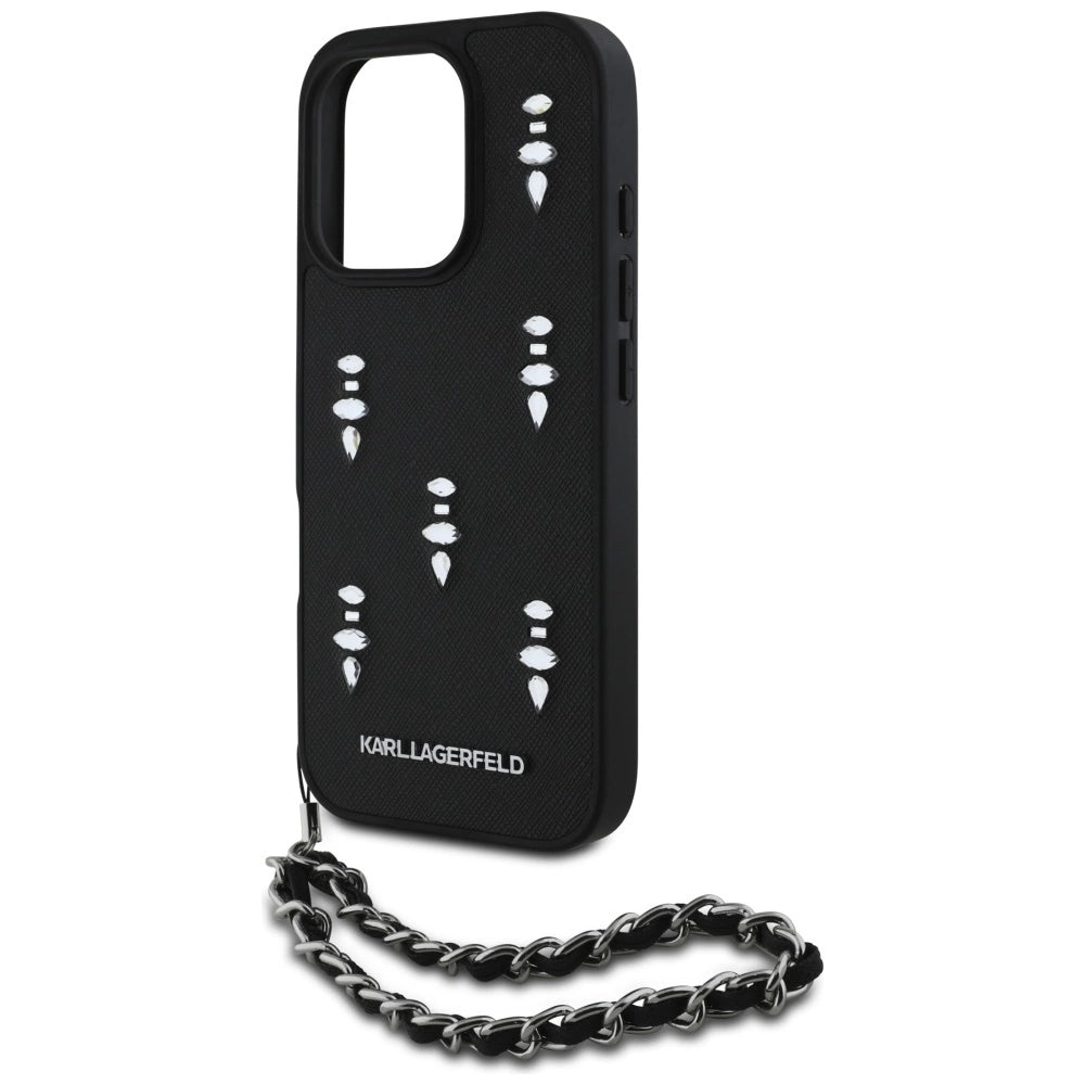 Karl Lagerfeld Saffiano Crystals w/Chain iPhone 16 Pro Case - Black_4