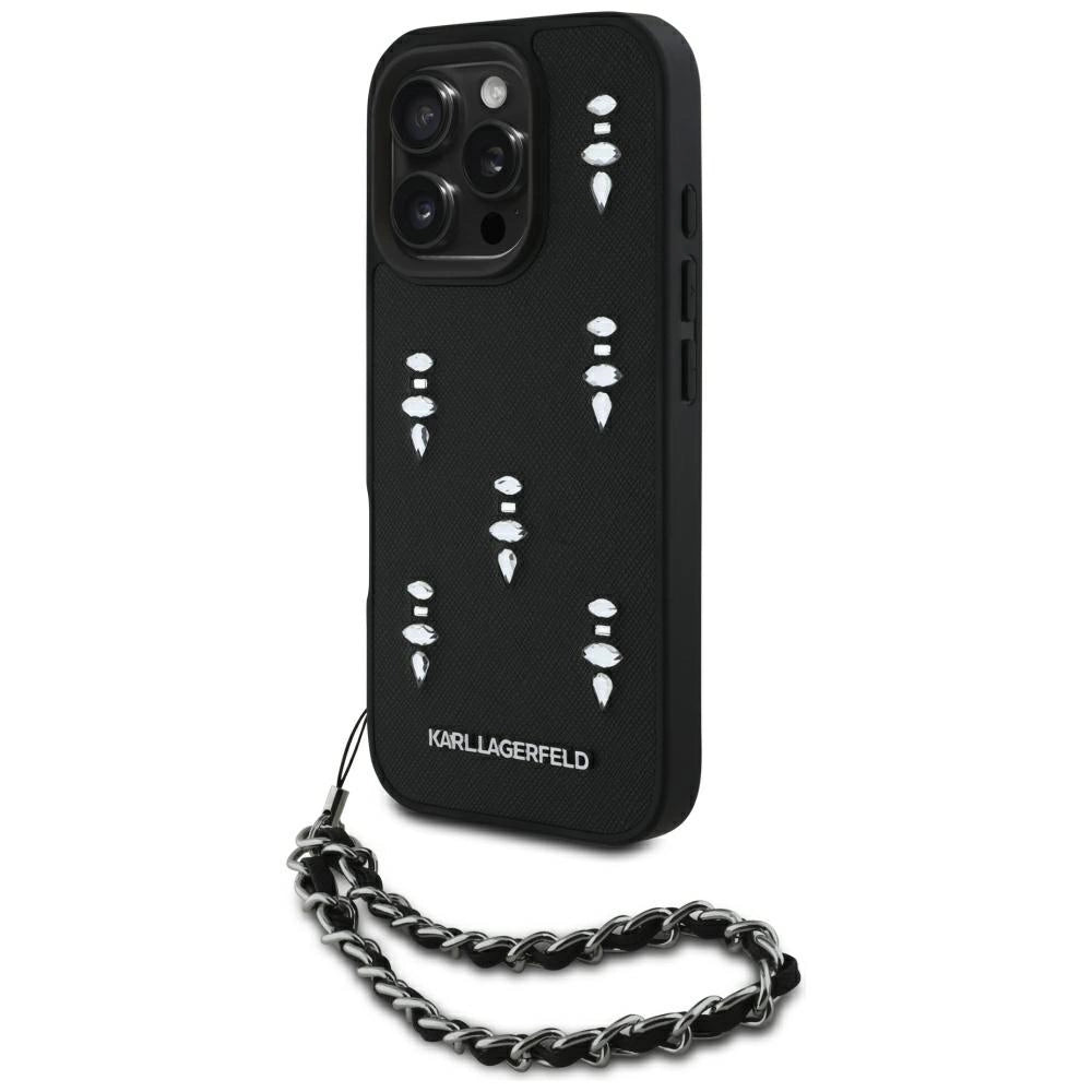Karl Lagerfeld Saffiano Crystals w/Chain iPhone 16 Pro Max Case - Black_0