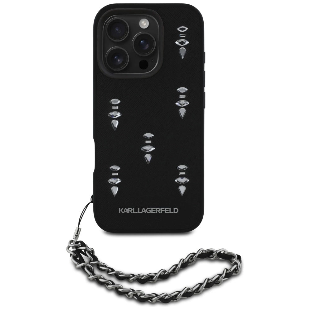 Karl Lagerfeld Saffiano Crystals w/Chain iPhone 16 Pro Max Case - Black_1