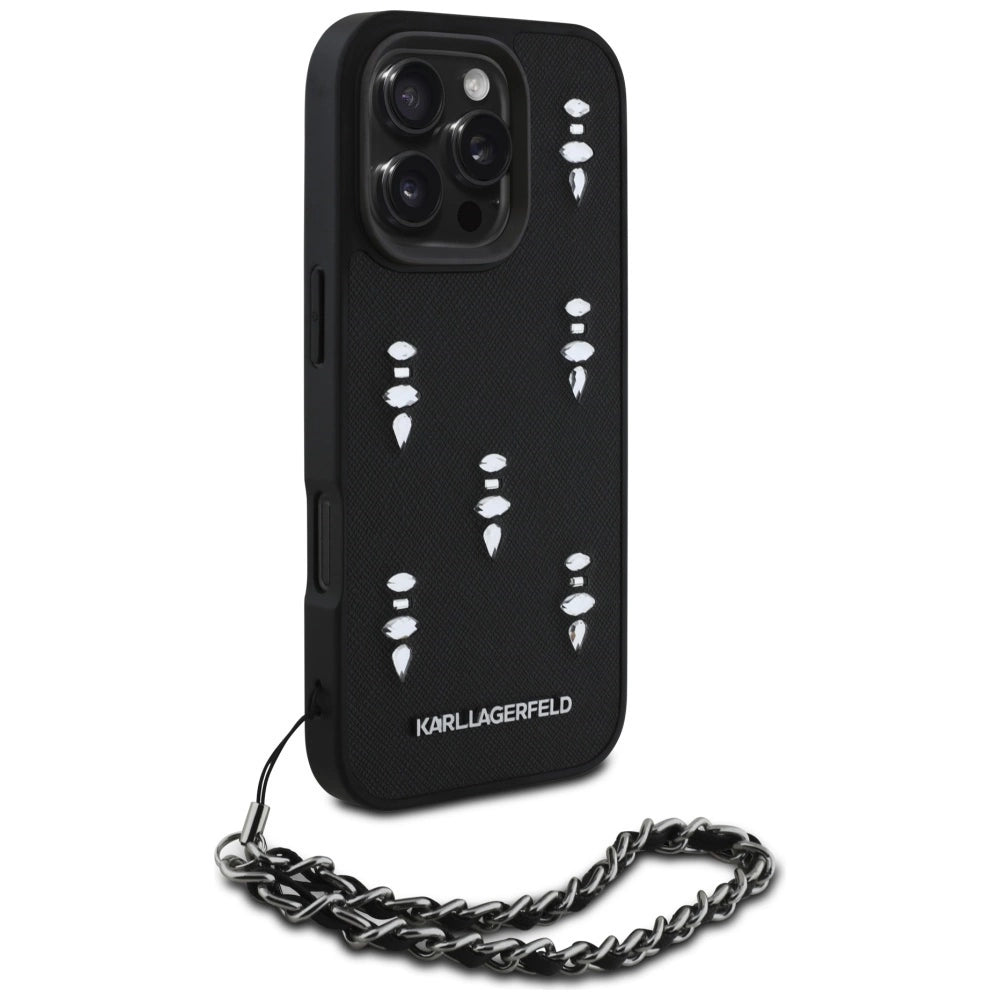 Karl Lagerfeld Saffiano Crystals w/Chain iPhone 16 Pro Max Case - Black_2