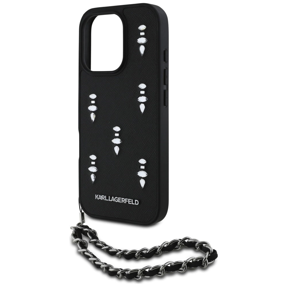 Karl Lagerfeld Saffiano Crystals w/Chain iPhone 16 Pro Max Case - Black_4
