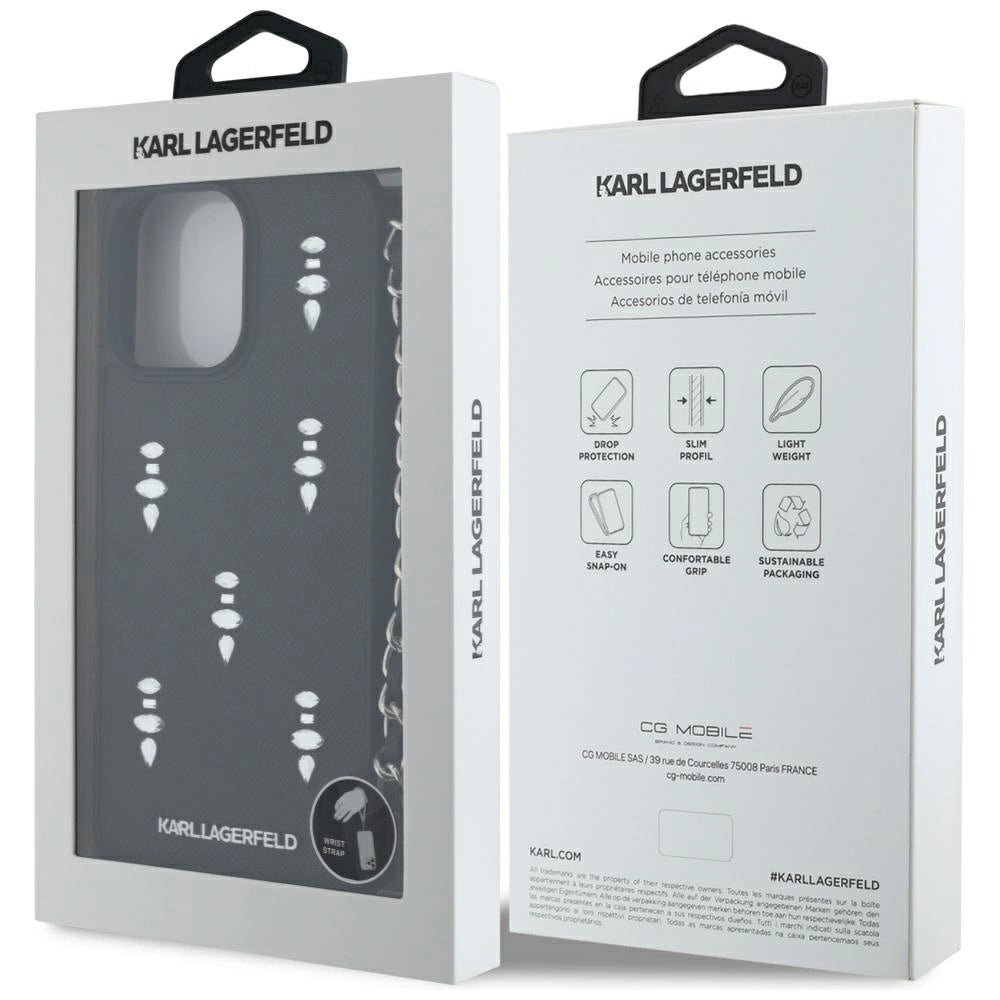 Karl Lagerfeld Saffiano Crystals w/Chain iPhone 16 Pro Max Case - Black_6