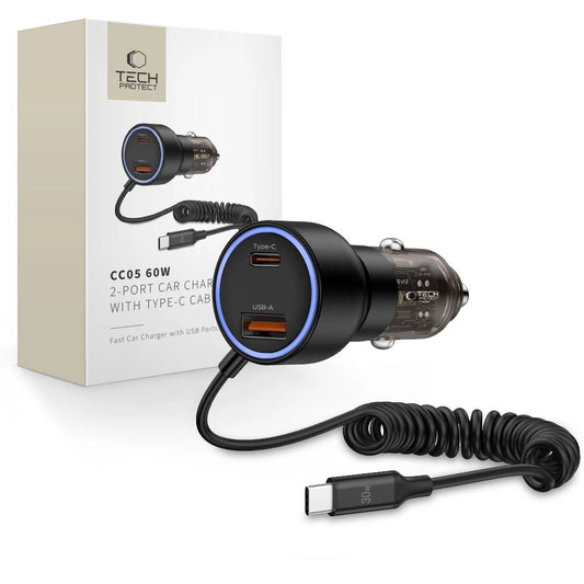 CC05 Car Charger 2-Port PD60 W + USB-C Cable - Black_0