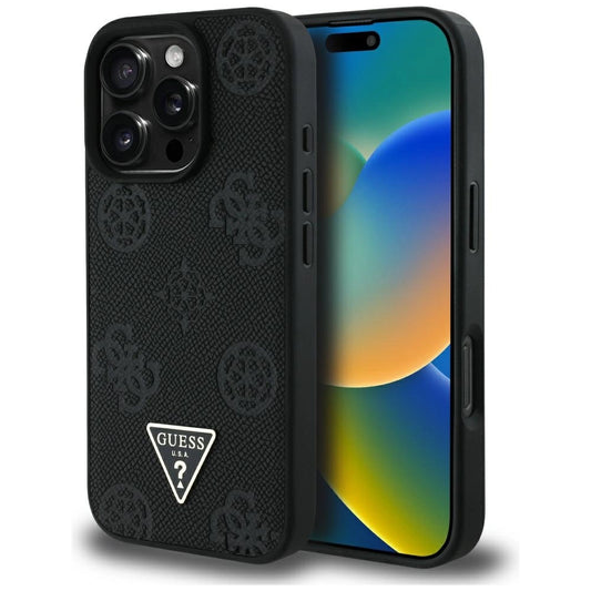 Guess Grained Hot Stamp Peony Triangle Logo MagSafe Case for iPhone 16 Pro - Black_0