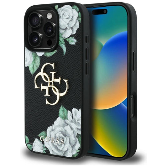 Guess Grained Roses Big 4G logo iPhone 16 Pro case - black_0