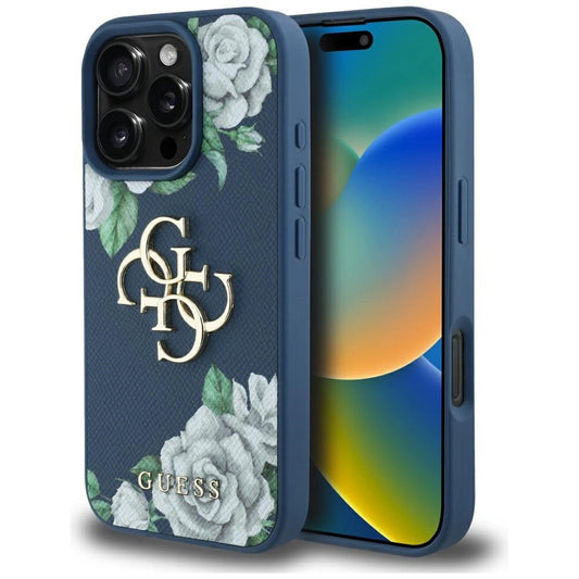 Guess Grained Roses Big 4G logo case for iPhone 16 Pro - blue_0