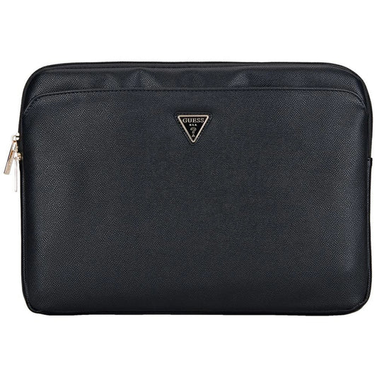 Guess Sleeve Grained Zipper Pocket Triangle Logo 14&quot; Laptop Bag - Black_0