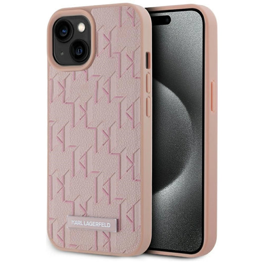 Karl Lagerfeld Leather Monogram Metal Logo MagSafe iPhone 15 Case - Pink_0