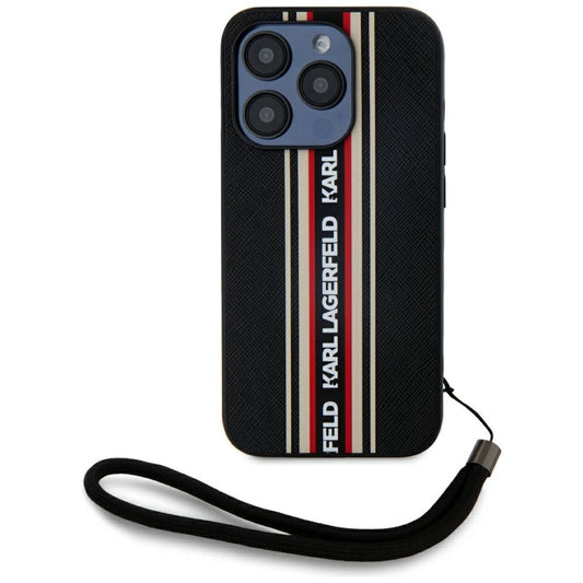 Karl Lagerfeld Saffiano Athleisure Stripes Cord iPhone 15 Pro Case - Red_0