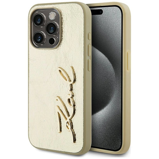 Karl Lagerfeld Wrinkled Metal Signature iPhone 15 Pro Max Case - Gold_0