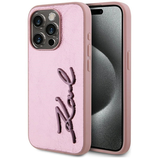 Karl Lagerfeld Wrinkled Metal Signature iPhone 15 Pro Case - Pink_0
