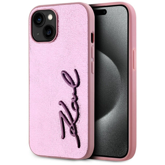 Karl Lagerfeld Wrinkled Metal Signature iPhone 15 Case - Pink_0
