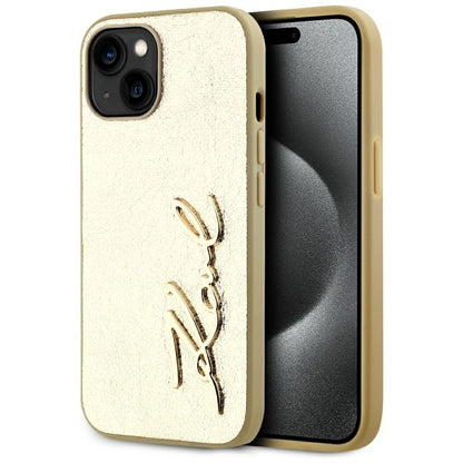 Karl Lagerfeld Wrinkled Metal Signature iPhone 15 Case - Gold_0