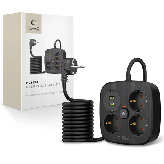 Tech-Protect PCS3X4 power strip, 3 sockets, 2xUSB-A, 2xUSB-C 200 cm - black_0