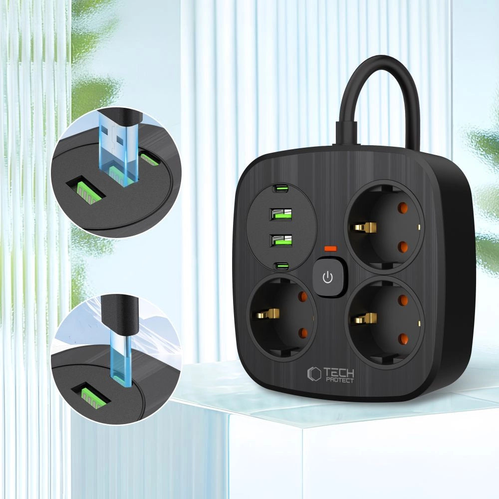 Tech-Protect PCS3X4 power strip, 3 sockets, 2xUSB-A, 2xUSB-C 200 cm - black_2
