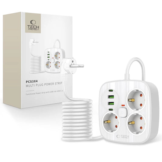 Tech-Protect PCS3X4 power strip, 3 sockets, 2xUSB-A, 2xUSB-C 200 cm - white_0
