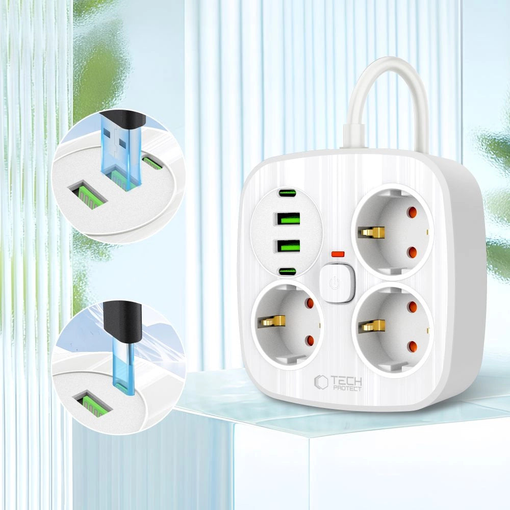 Tech-Protect PCS3X4 power strip, 3 sockets, 2xUSB-A, 2xUSB-C 200 cm - white_2