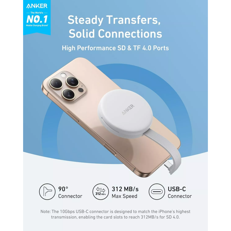 Leitor de Cartões USB-C Anker MagGo SD microSD Branco