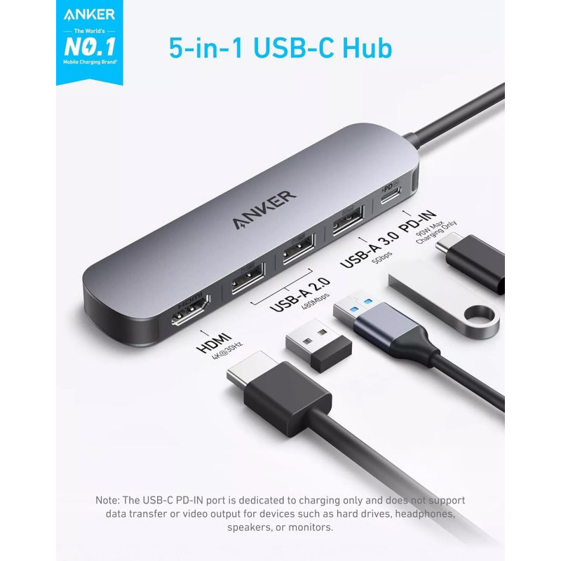 Hub USB-C Anker 5 em 1 HDMI 4K USB-A PD 90W Cinzento